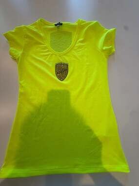 Ferrari Neon Yellow V-Neck Short Sleeve T-Shirt with Rhinestone Shield Logo, Siz